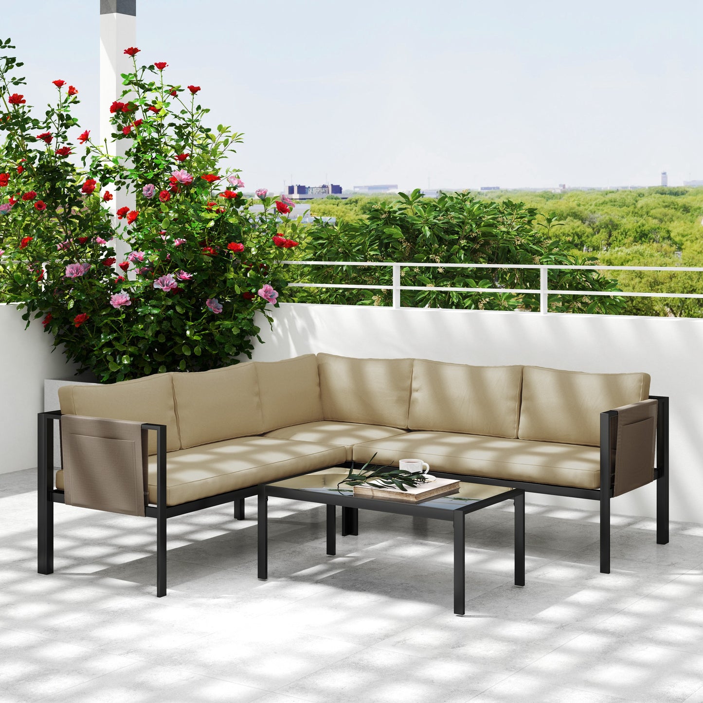 4 Piece Garden Furniture Set w/ Breathable Mesh Pocket, Khaki