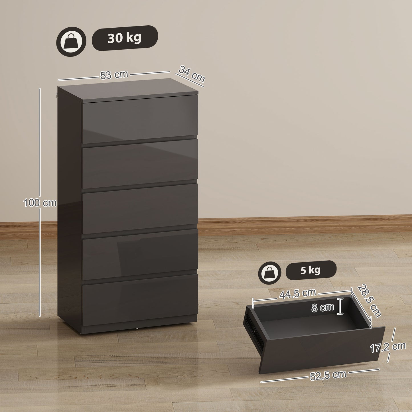 Bedroom Chest of Drawers, 5 Drawers Dresser, Drawer Unit, Grey