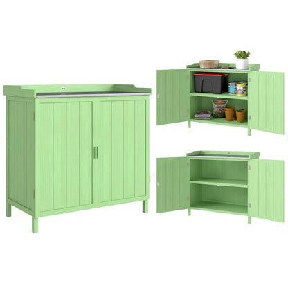 Garden Storage Cabinet Potting Bench Table W/ galvanised Top Green