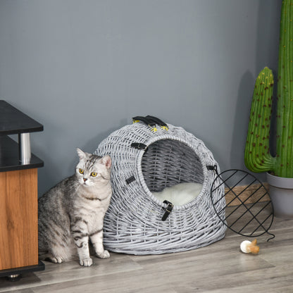Cats Wicker Travel Carrier Basket w/ Plush Cushion Grey