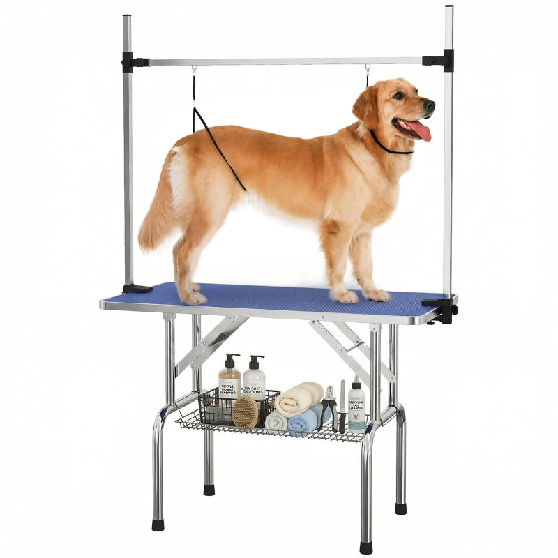 Adjustable Dog Grooming Table Rubber Top 2 Safety Slings Mesh Storage Basket Heavy Metal Blue 107 x 60 x 170cm