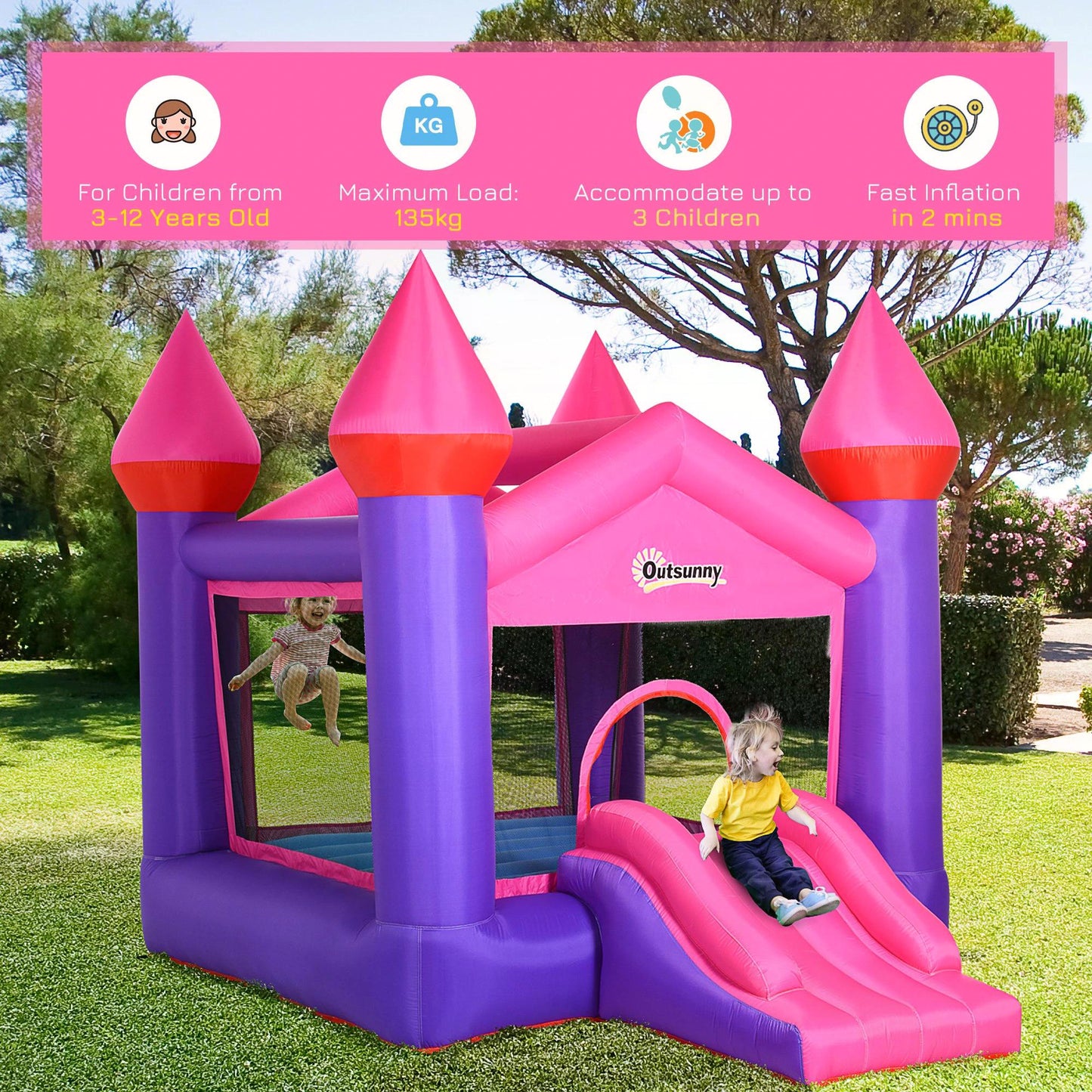 Kids Bounce Castle House Inflatable Trampoline Slide 2 in 1 with Inflator for Kids Age 3-12 Multi-color 3.5 x 2.5 x 2.7m