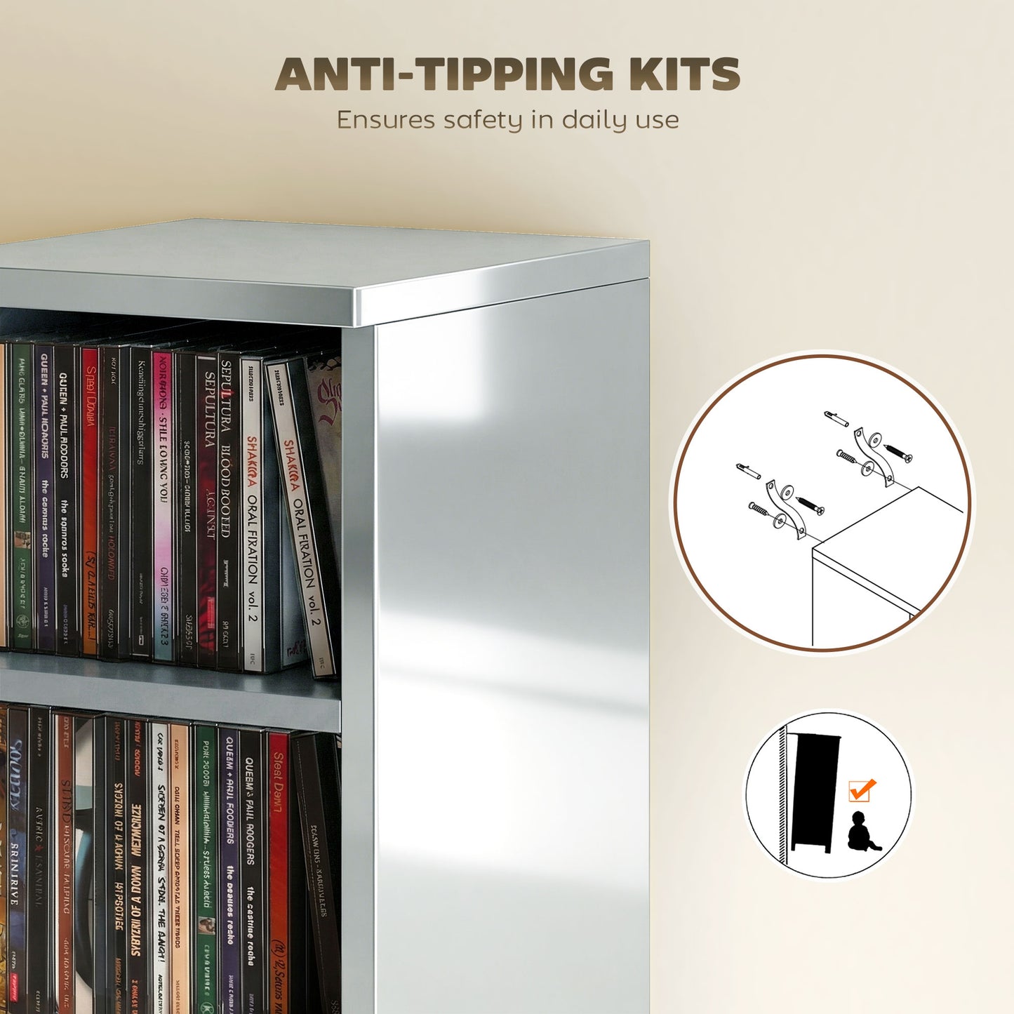 Set of 2 CD Storage Units with Adjustable Shelves, High Gloss Grey