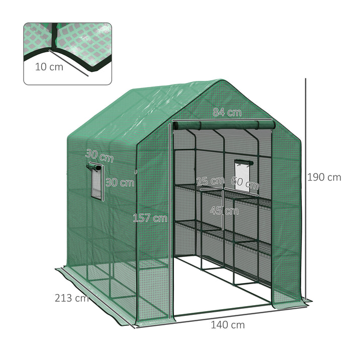 Walk-in Greenhouse w/ 3 Tier Shelves, Green House Garden Grow House w/ PE Cover, Roll-up Door, Mesh Windows, 140 x 213 x 190cm, Green