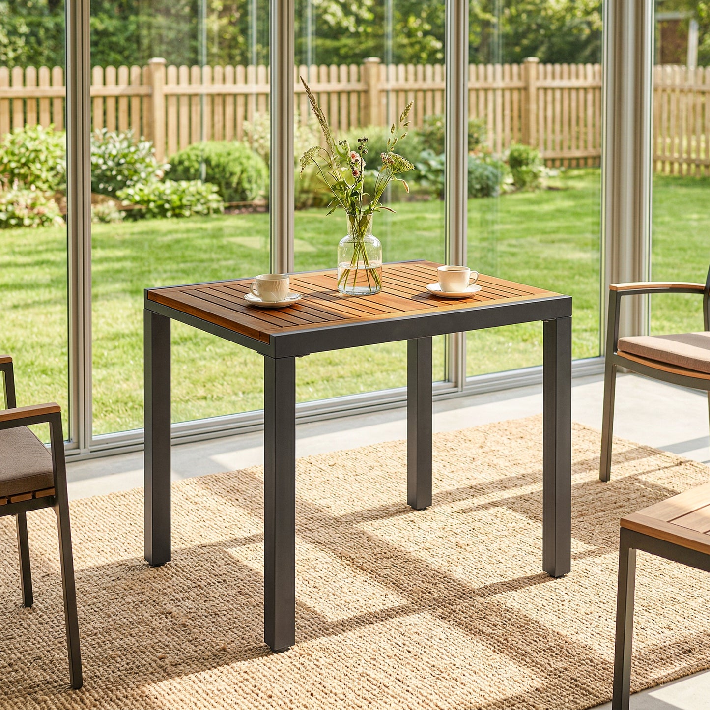 Extending Garden Table, Outdoor Dining Table for 6, Steel Frame Rectangular Patio Table with Acacia Wood Tabletop,80/120L x 70W x 75H cm