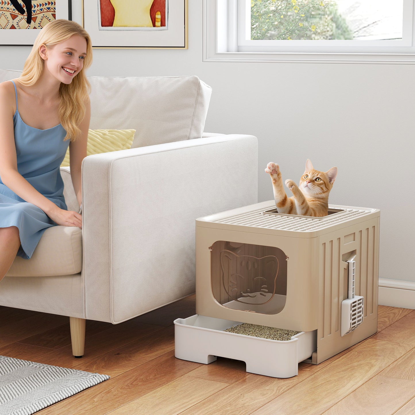 Foldable Cat Litter Box with Lid, Slide-Out Drawer, Khaki