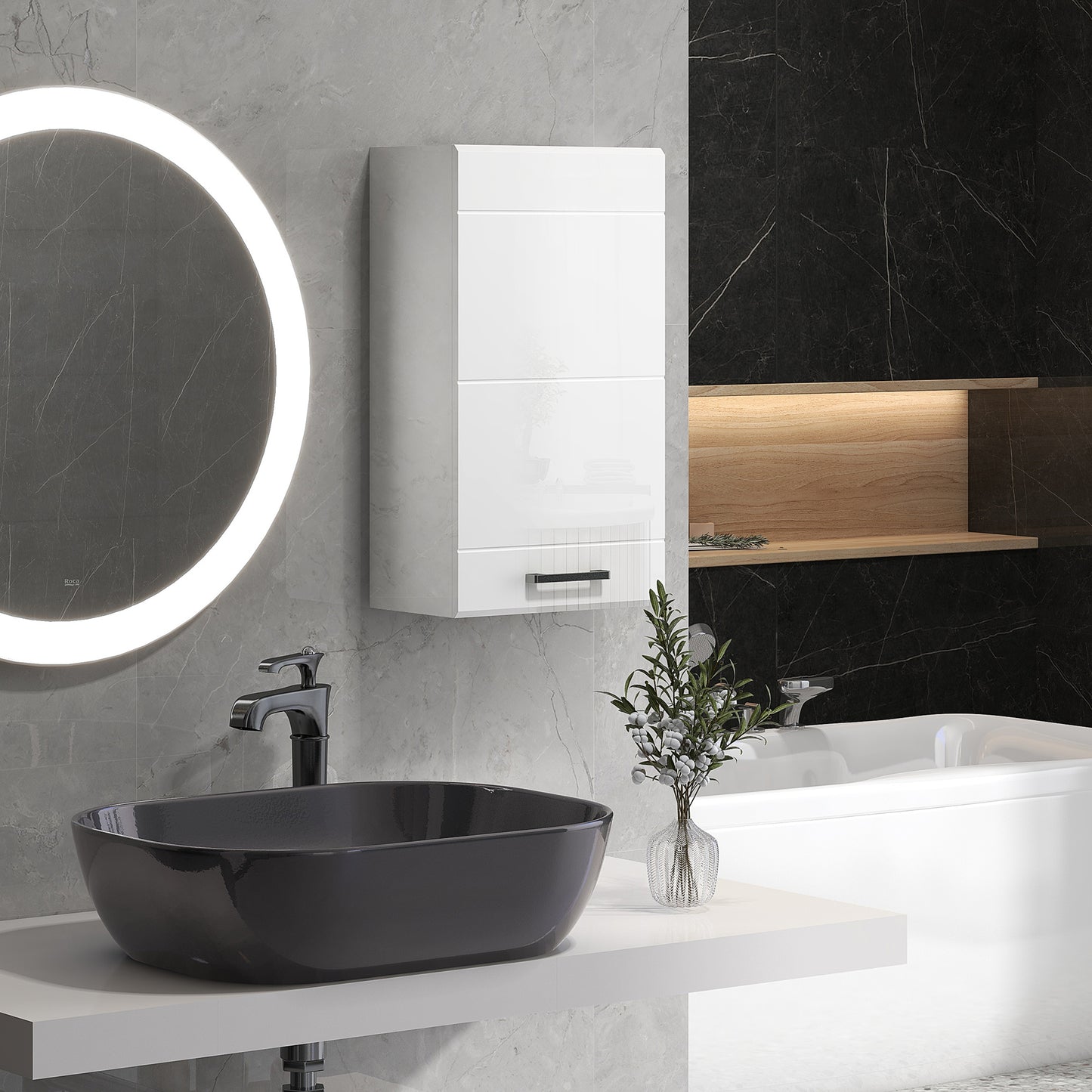 kleankin Bathroom Wall Cabinet, High Gloss Wall Mount Bathroom Storage Cabinet with Soft-Close Door, 3 Shelves, Adjustable Shelf for Hallway, Living Room, Over Toilet, 37x22.5x70 cm, White