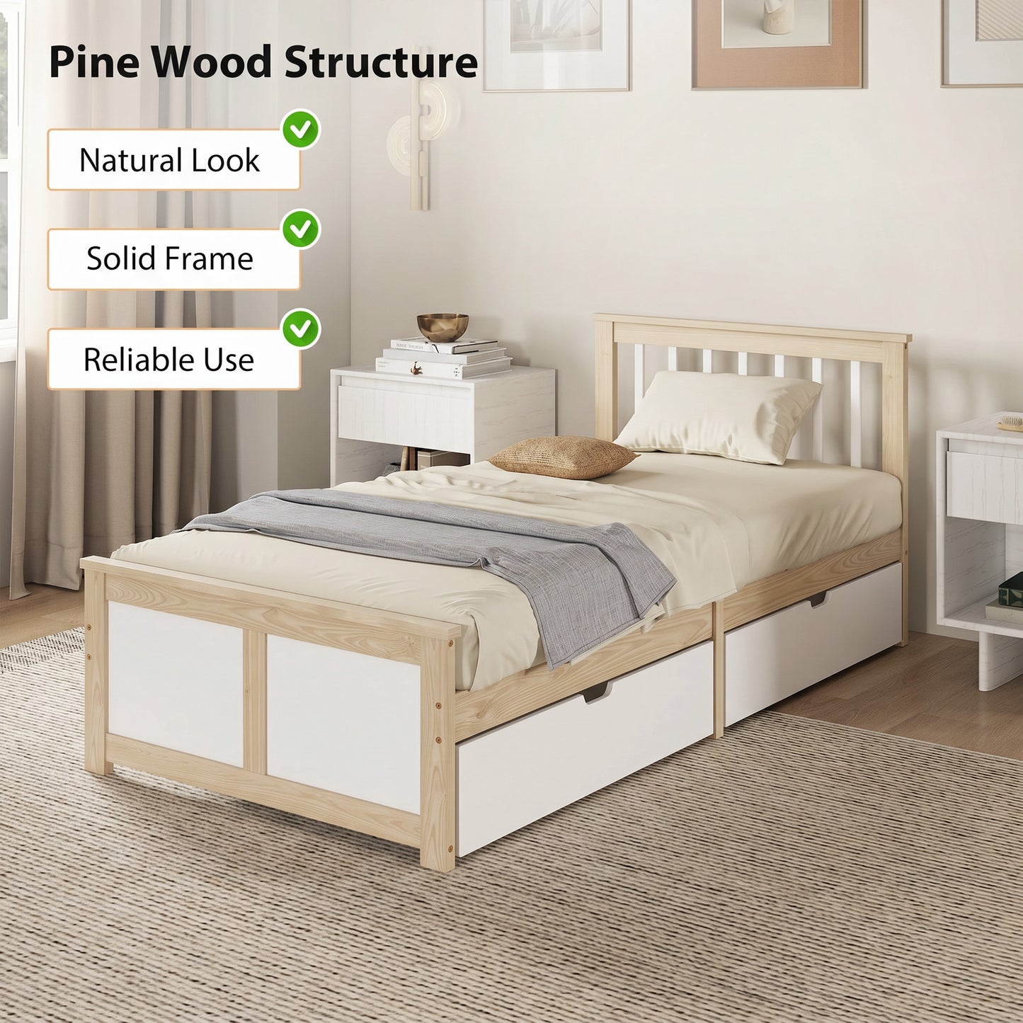 Storage Bed with 2 Drawers, Headboard, Wood Slat Support, Natural