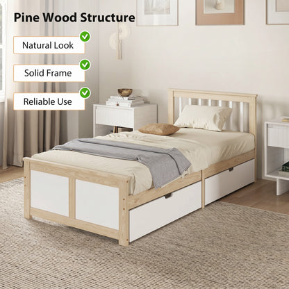 Storage Bed with 2 Drawers, Headboard, Wood Slat Support, Natural
