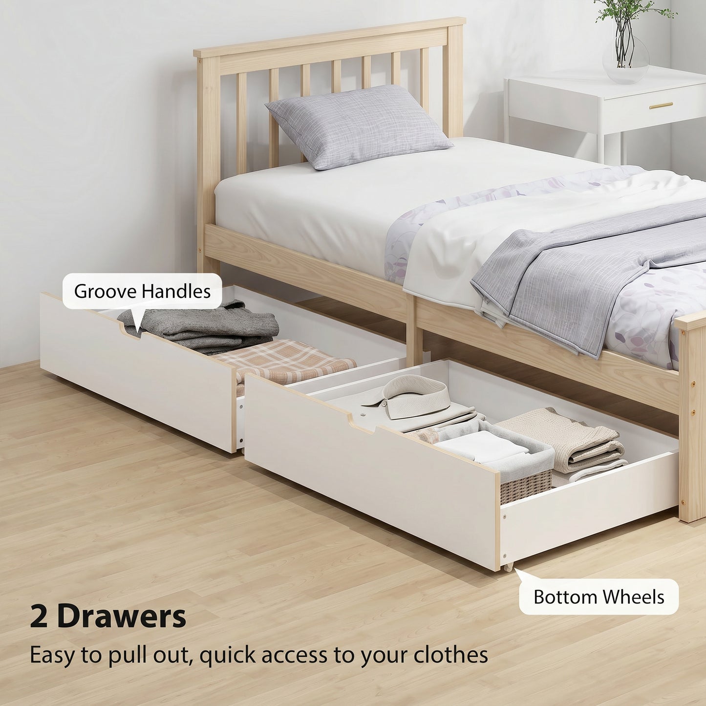 Storage Bed with 2 Drawers, Headboard, Wood Slat Support, Natural
