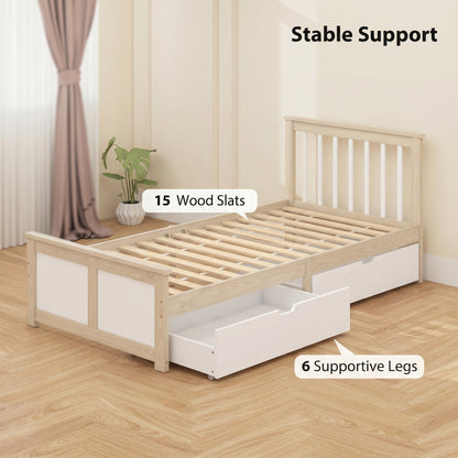 Storage Bed with 2 Drawers, Headboard, Wood Slat Support, Natural