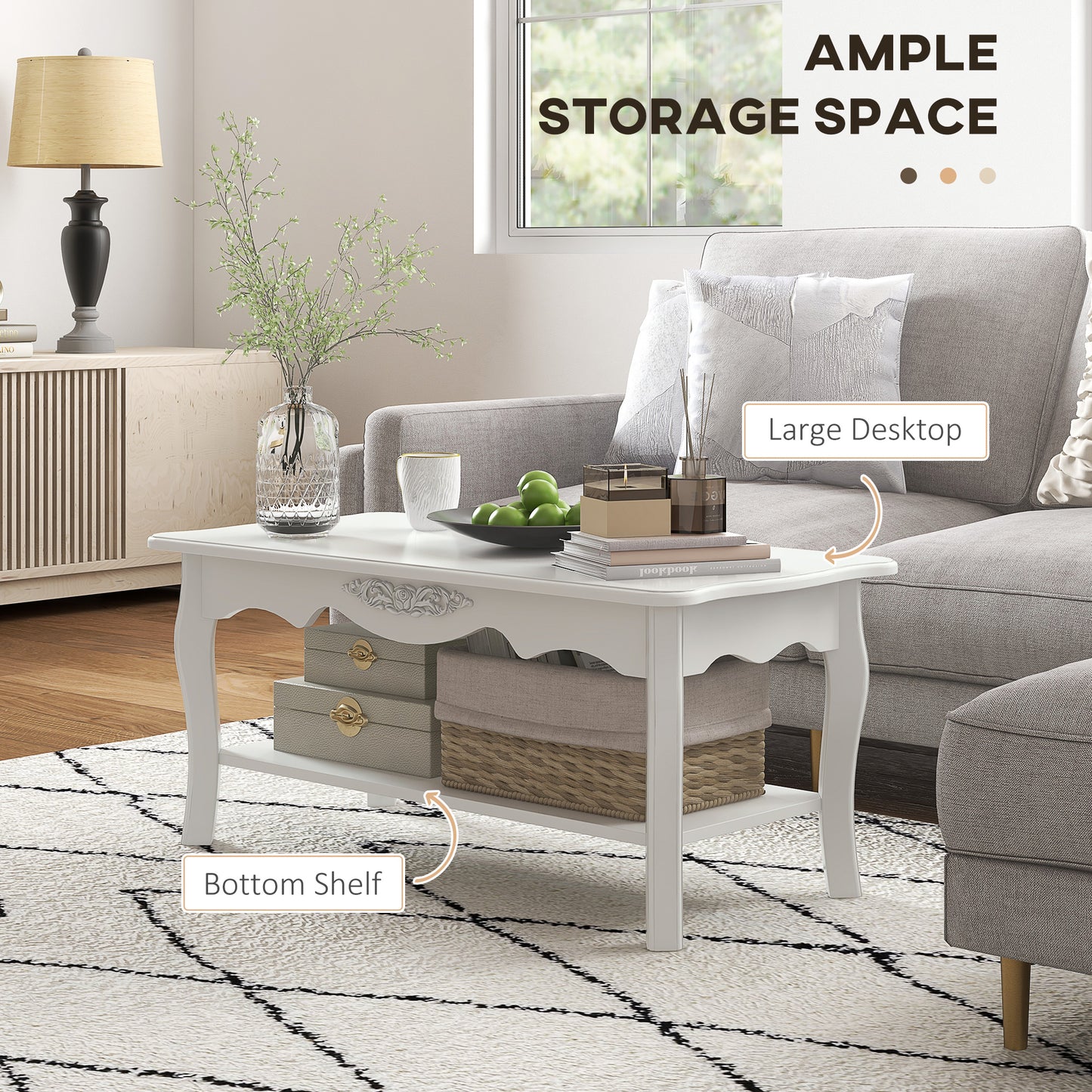 2 Tier Wooden Coffee Tea Table End Table Storage Shelf 94Lx44Wx42H White