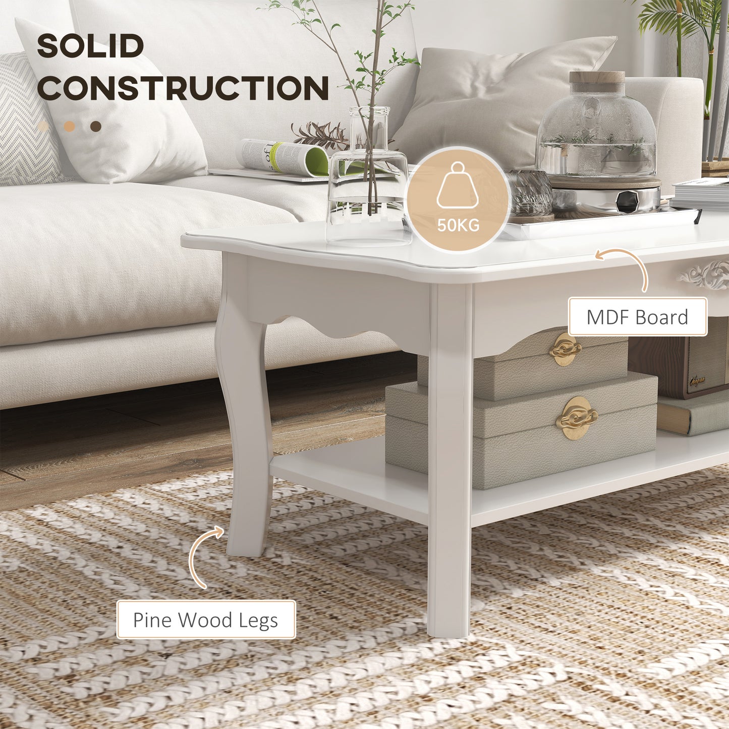 2 Tier Wooden Coffee Tea Table End Table Storage Shelf 94Lx44Wx42H White