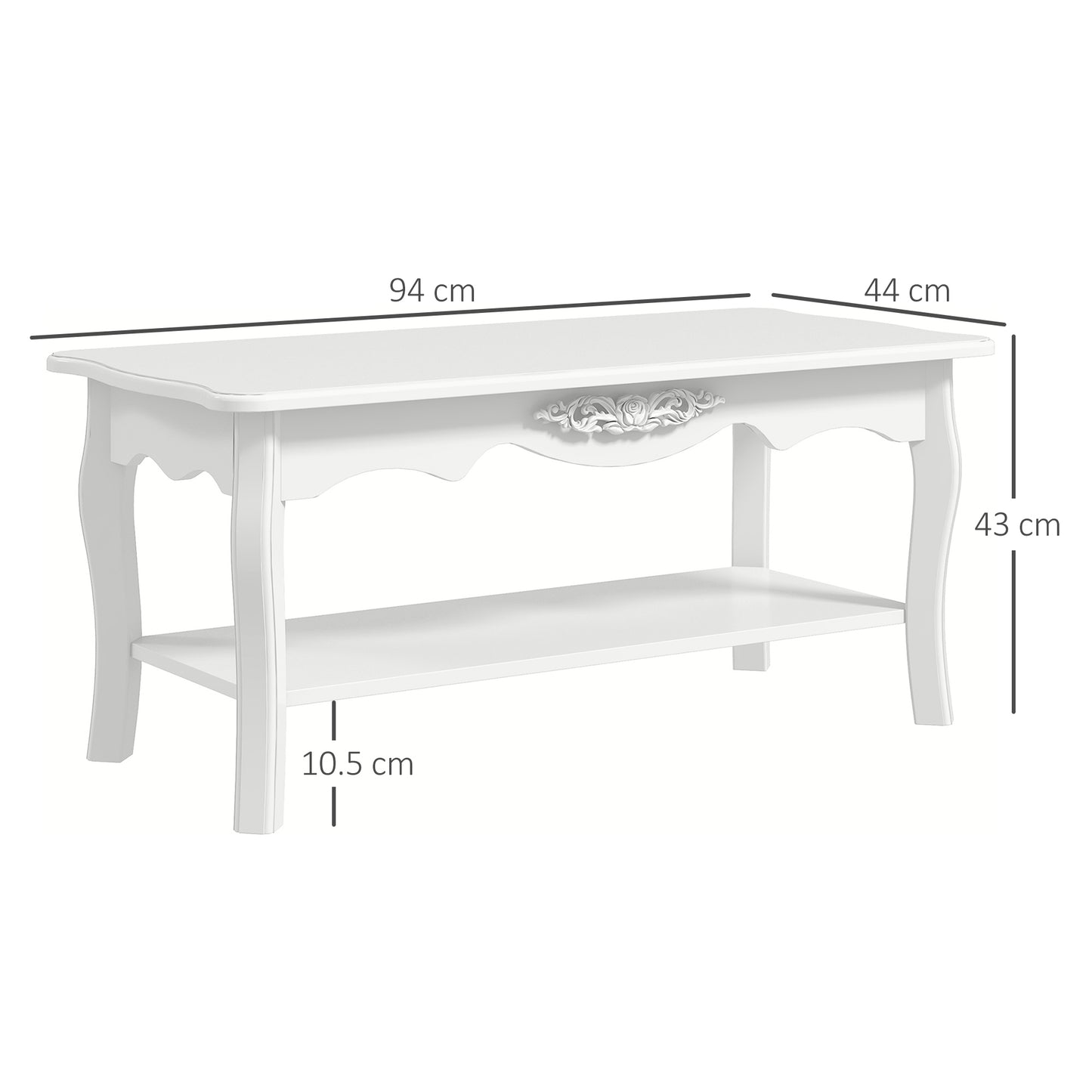 2 Tier Wooden Coffee Tea Table End Table Storage Shelf 94Lx44Wx42H White