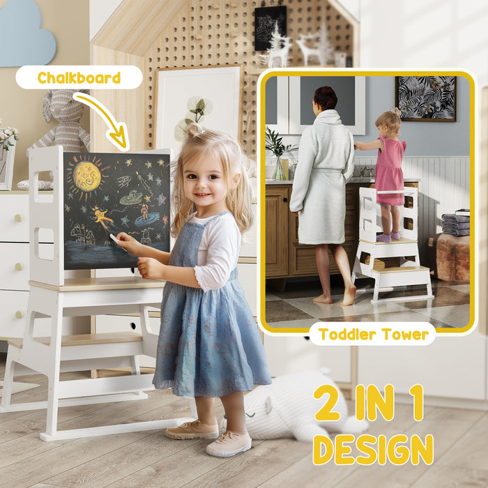 2 in 1 Toddler Tower w/ Chalkboard, Safety Rail, for Kitchen, Sink