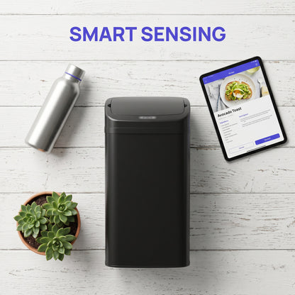 48L Sensor Bin, Stainless Steel Kitchen Bin with Automatic Soft Close Lid and Fingerprint-Proof for Recycling and Waste, Black