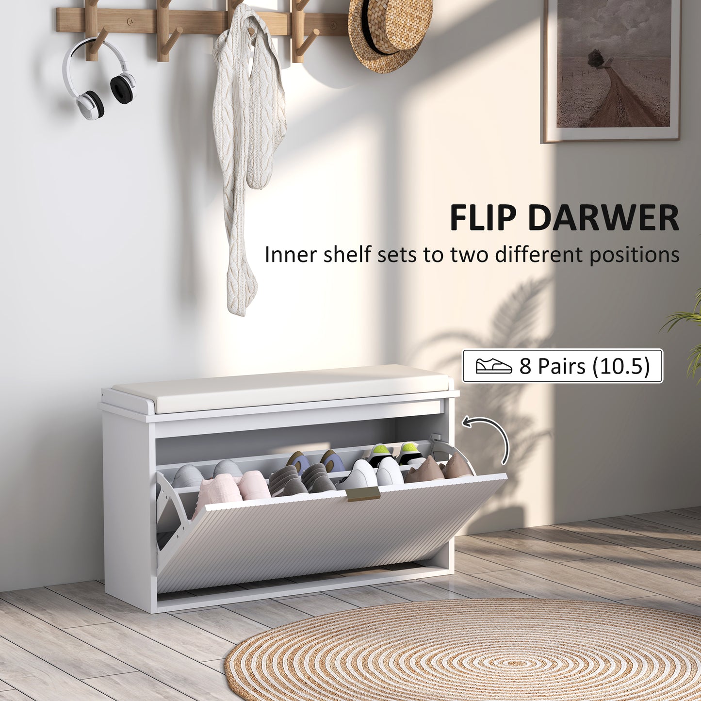 Shoe Storage Bench with Cushion and Flip-Drawer 80x26x47.5cm White