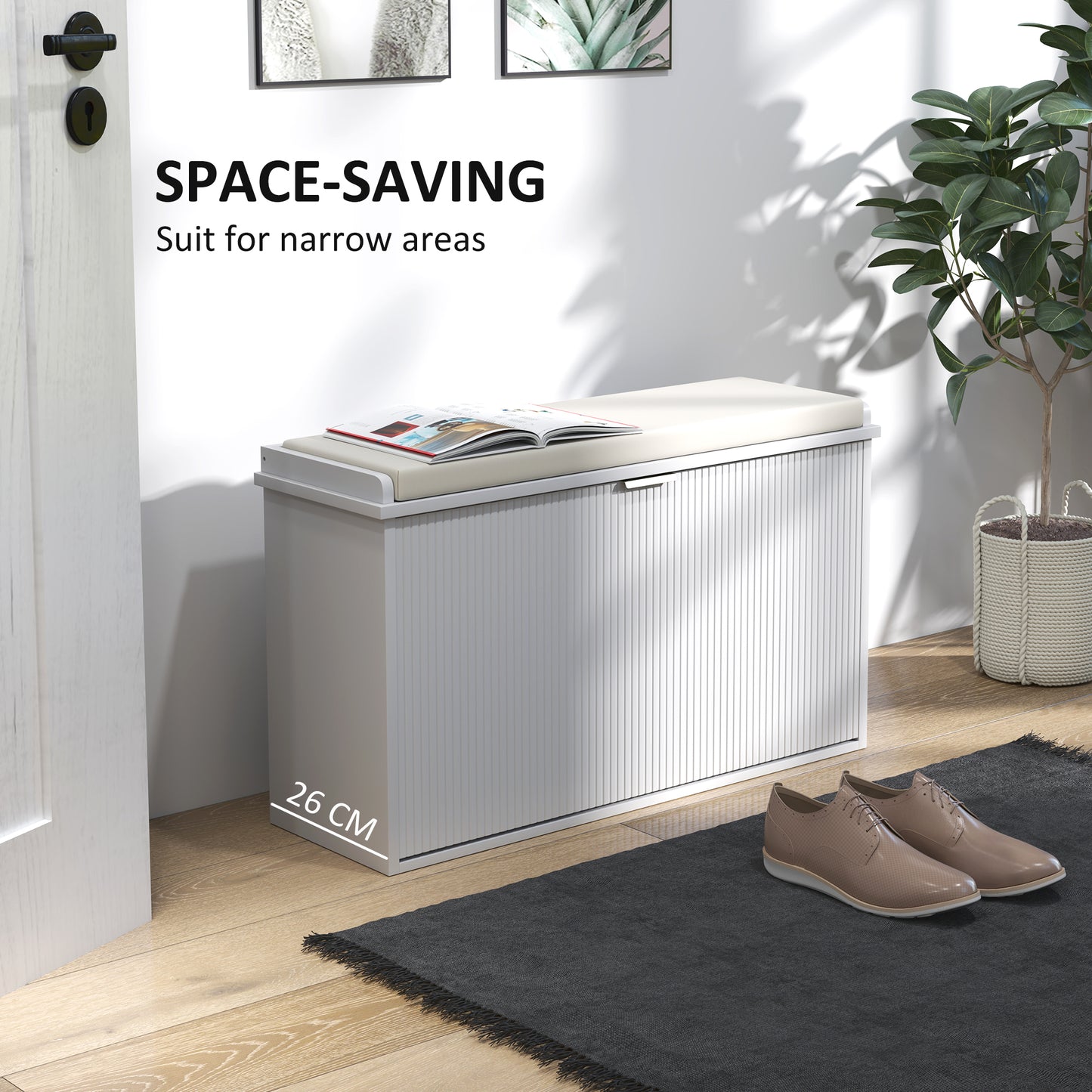 Shoe Storage Bench with Cushion and Flip-Drawer 80x26x47.5cm White