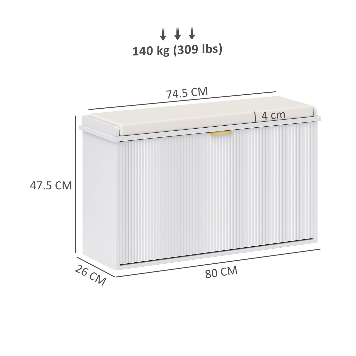 Shoe Storage Bench with Cushion and Flip-Drawer 80x26x47.5cm White