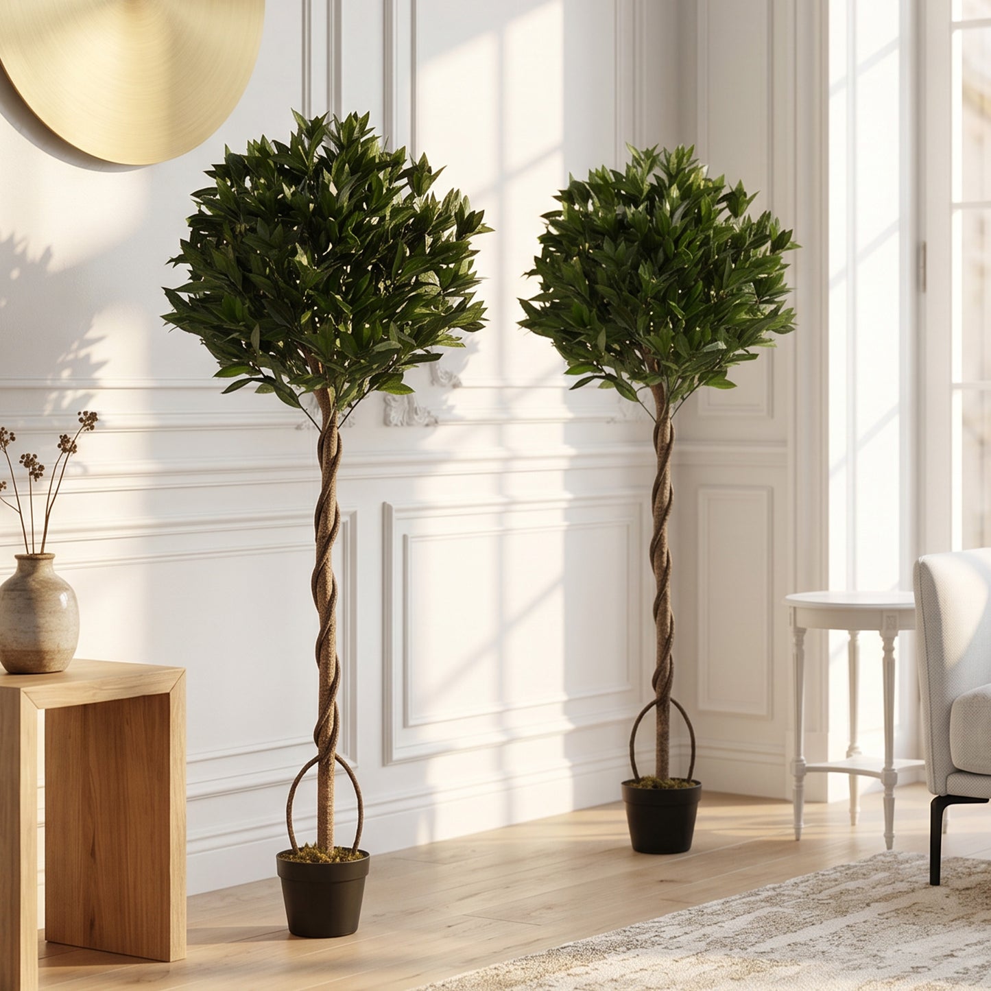Artificial Bay Laurel Topiary Trees with Twisted Trunk, Realistic Lush Topiary Ball Tree with Weighted Pot, 5FT Indoor Greenery Plant for Home Office Decor, Set of 2, Green