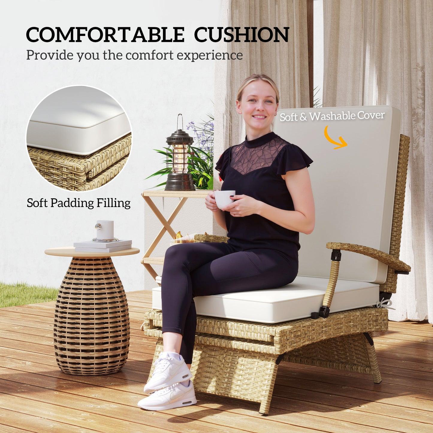 Foldable Rattan Garden Recliner Chair w/ Cushion, Footrest, Beige