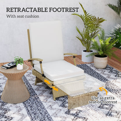 Foldable Rattan Garden Recliner Chair w/ Cushion, Footrest, Beige