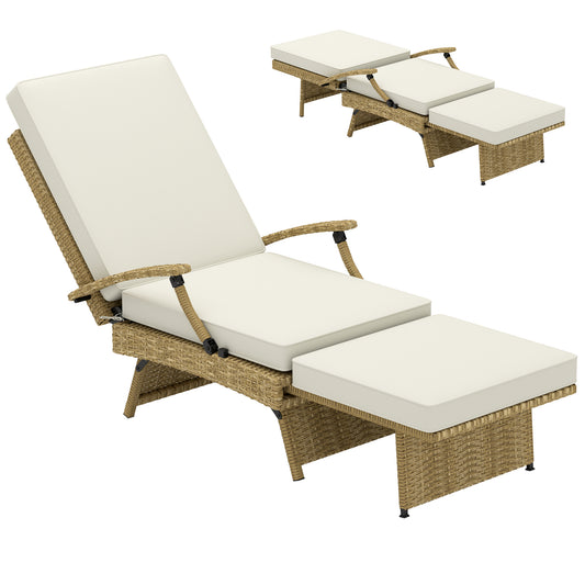 Foldable Rattan Garden Recliner Chair w/ Cushion, Footrest, Beige
