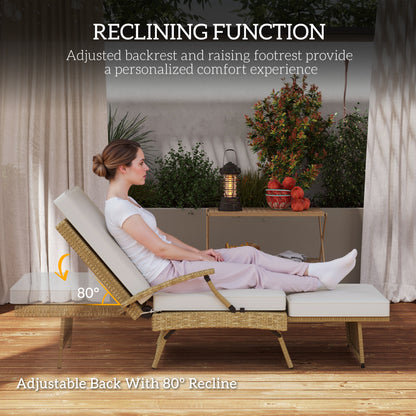 Foldable Rattan Garden Recliner Chair w/ Cushion, Footrest, Beige
