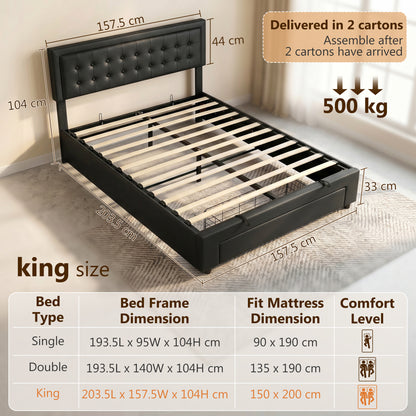 Upholstered Ottoman Bed with Storage Drawer and Adjustable Headboard, 5ft King Size Bed Frame with Gas Lift End Opening, Wooden Slats, No Mattress, Black