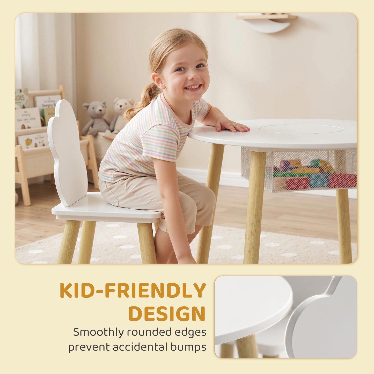 Kids Table and Chairs Set, 3 Piece Toddler Table and Chairs Set with Storage Mesh Bag, for Reading, Drawing, Art, Craft, Playroom, Nursery, Kids Bedroom, White
