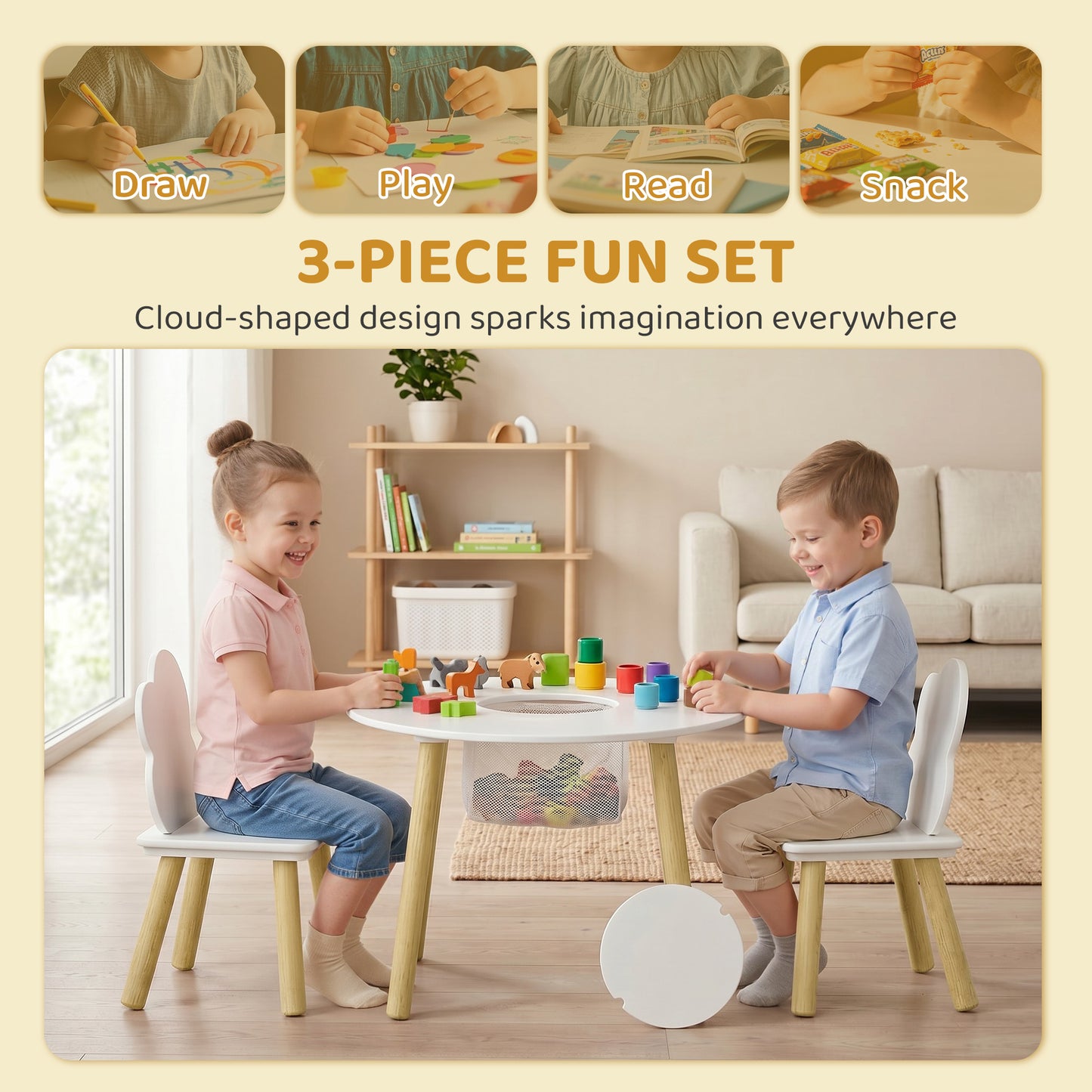 Kids Table and Chairs Set, 3 Piece Toddler Table and Chairs Set with Storage Mesh Bag, for Reading, Drawing, Art, Craft, Playroom, Nursery, Kids Bedroom, White