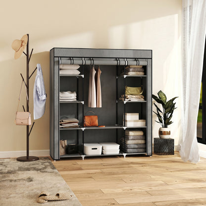 Portable Wardrobe, Foldable Fabric Wardrobe, 150 x 43 x 162.5cm, Clothes Storage Organiser with Hanging Rail, Shelves, Fabric Cover for Bedroom, Dark Grey