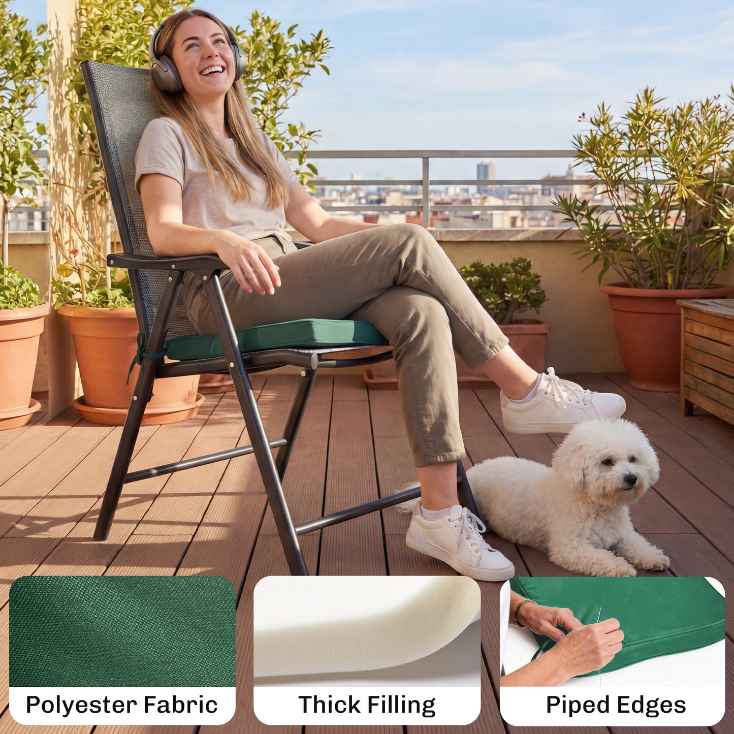 Set of 6 Chair Cushion Seat Pads with Removable Tie, Green