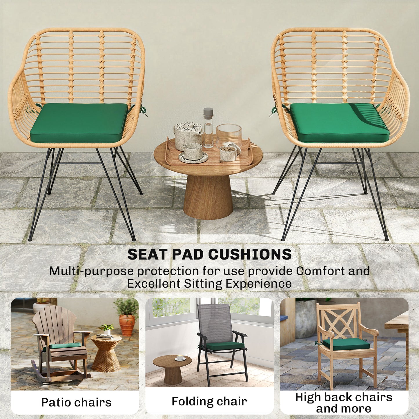 Set of 6 Chair Cushion Seat Pads with Removable Tie, Green