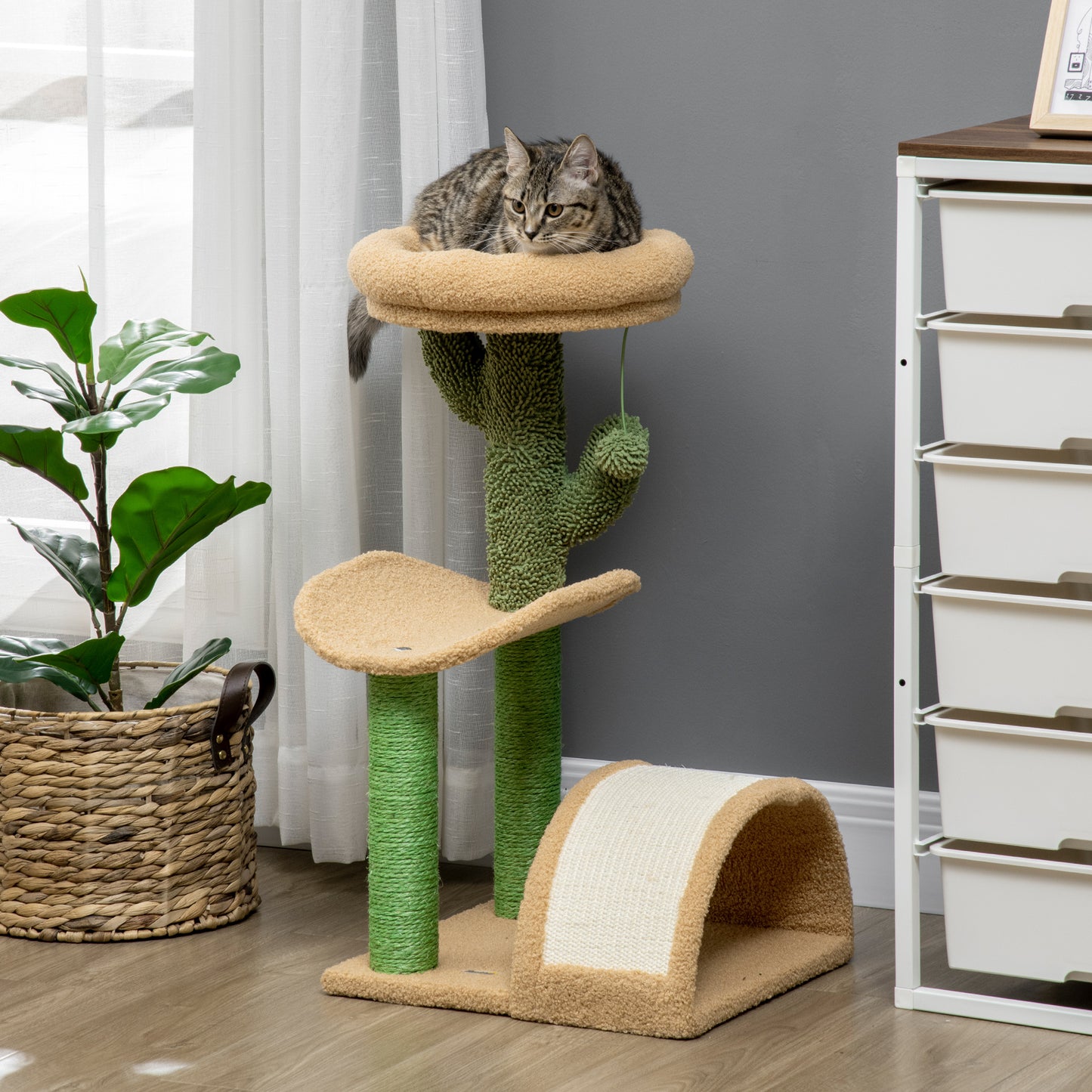 72cm Cat Activity Centre w/ Bed, Toy Ball, Sisal Post, Curved Pad