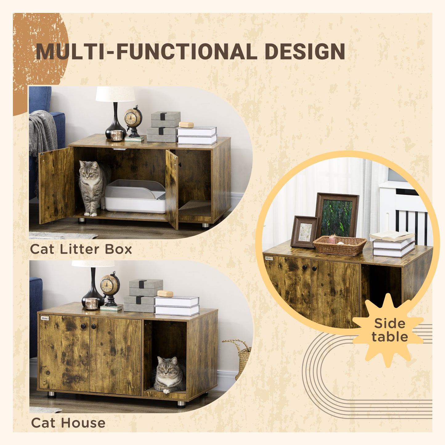 Cat Litter Box Enclosure, Hidden Cat Washroom, Decorative End Table with Double Doors, Scratching Pad, Rustic Brown