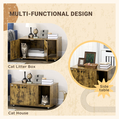 Cat Litter Box Enclosure, Hidden Cat Washroom, Decorative End Table with Double Doors, Scratching Pad, Rustic Brown