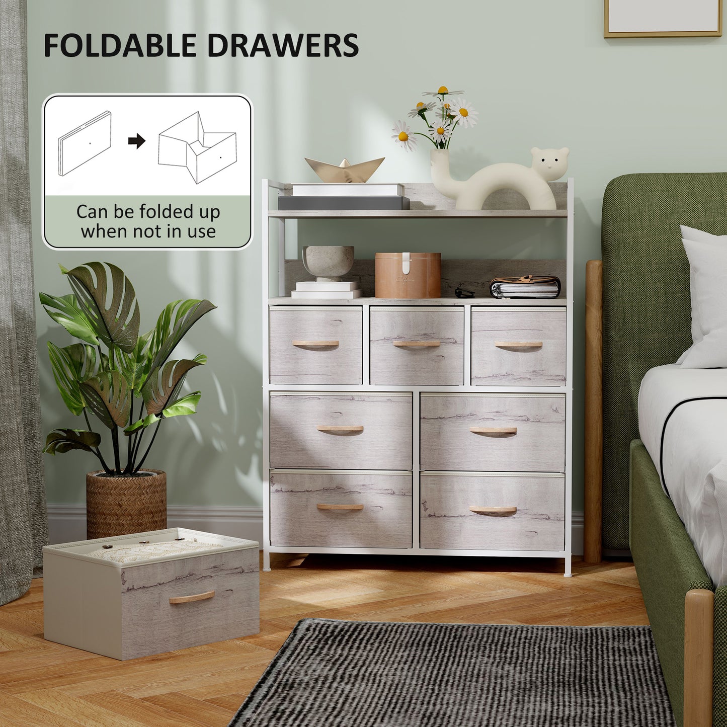 Bedroom Chest of Drawers 7 Drawer Dresser w/ Shelves, Natural