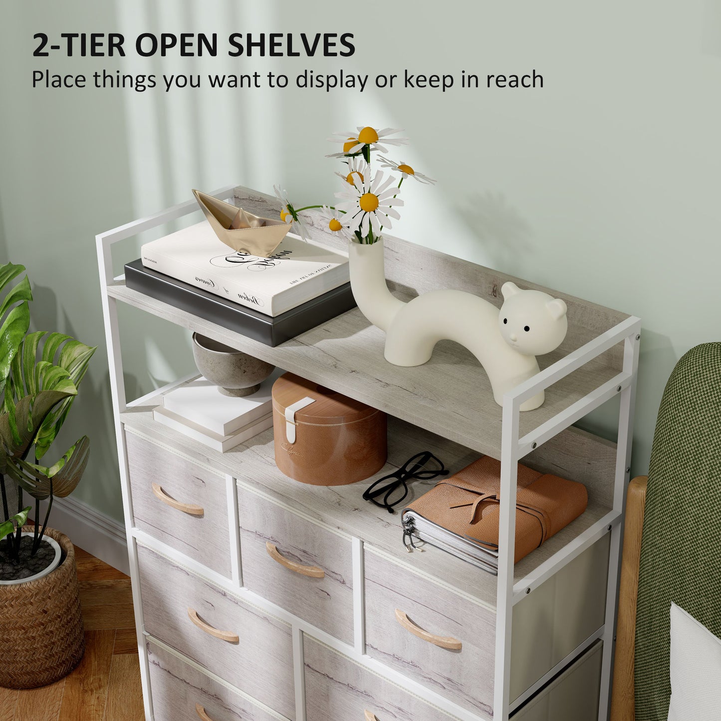 Bedroom Chest of Drawers 7 Drawer Dresser w/ Shelves, Natural