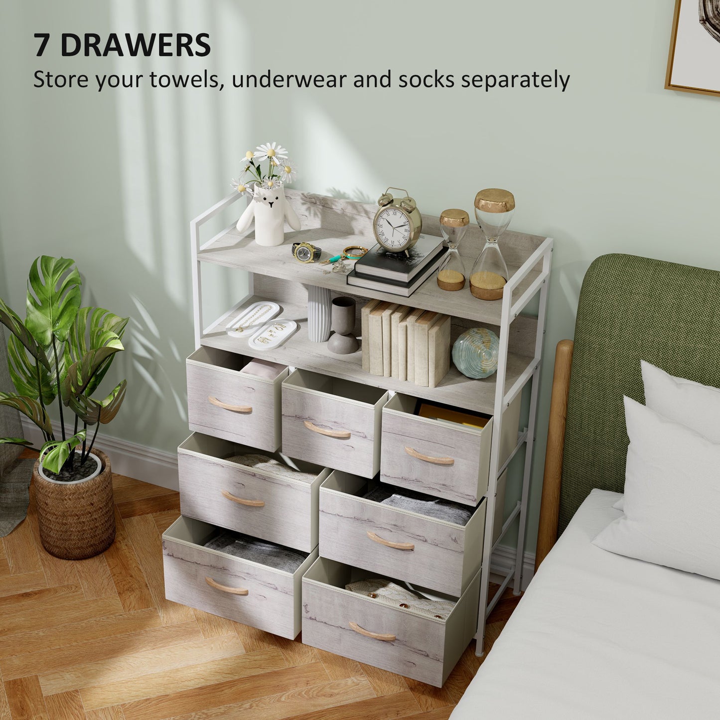 Bedroom Chest of Drawers 7 Drawer Dresser w/ Shelves, Natural