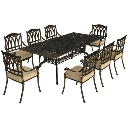 9 Pieces Cast Aluminium Garden Dining Set with Parasol Hole, Bronze