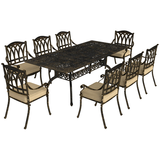 9 Pieces Cast Aluminium Garden Dining Set with Parasol Hole, Bronze