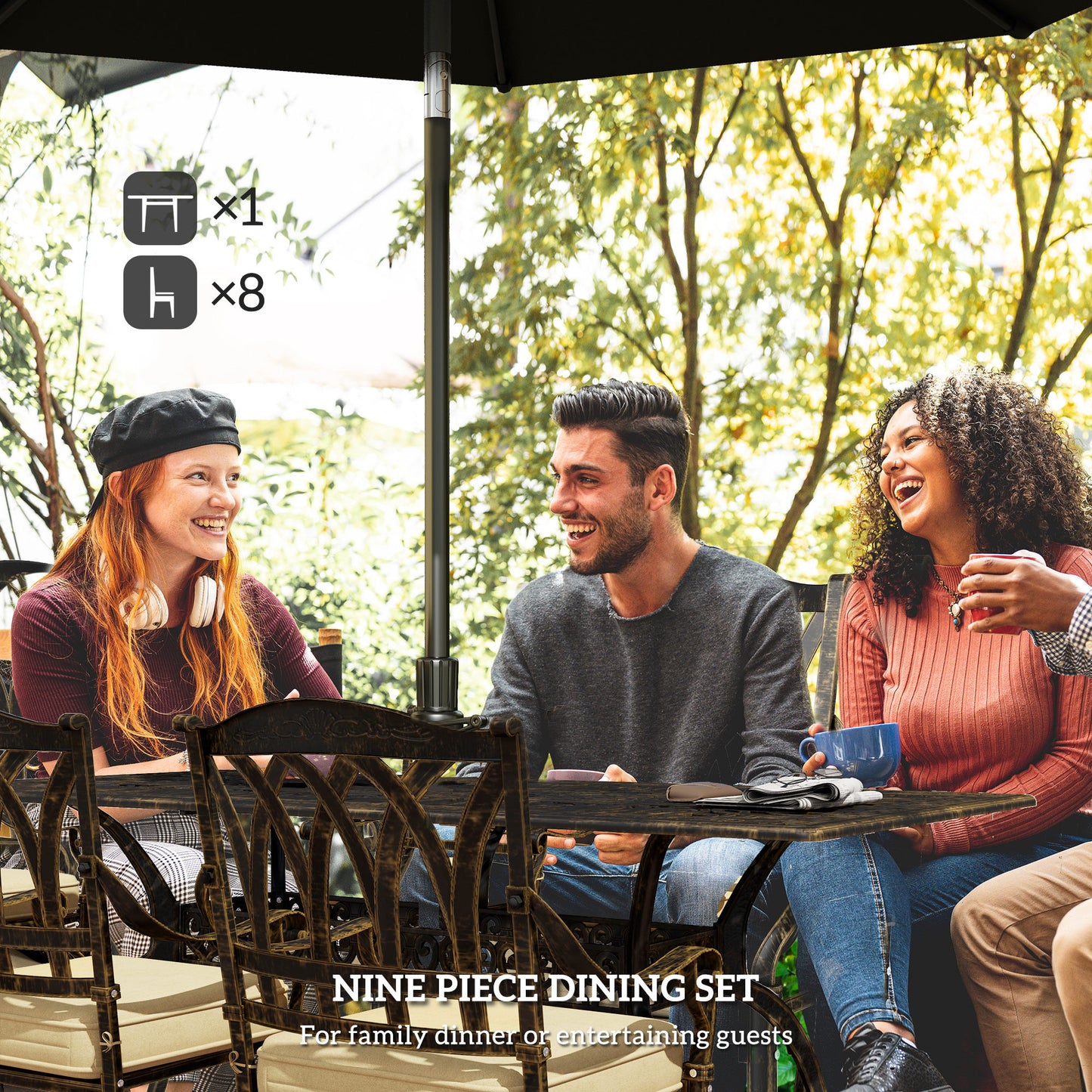 9 Pieces Cast Aluminium Garden Dining Set with Parasol Hole, Bronze