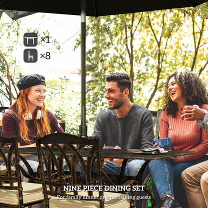 9 Pieces Cast Aluminium Garden Dining Set with Parasol Hole, Bronze