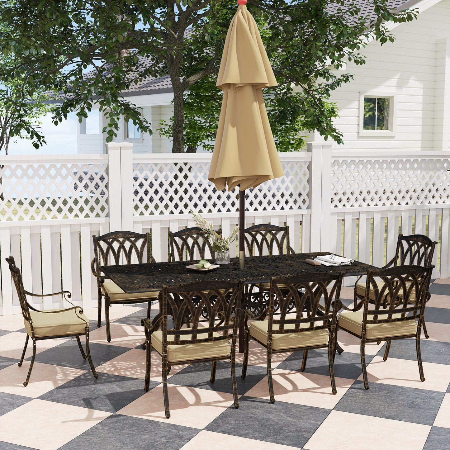 9 Pieces Cast Aluminium Garden Dining Set with Parasol Hole, Bronze