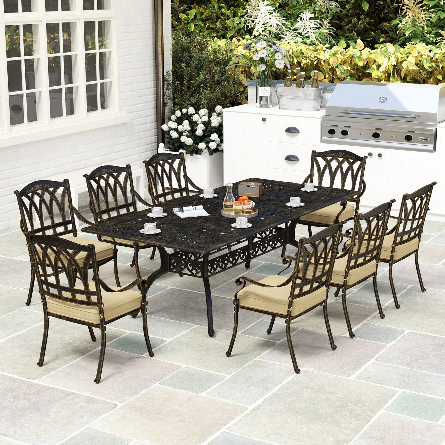9 Pieces Cast Aluminium Garden Dining Set with Parasol Hole, Bronze
