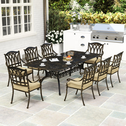 9 Pieces Cast Aluminium Garden Dining Set with Parasol Hole, Bronze