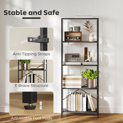 Industrial Bookshelf, Freestanding Bookcase, Dark Grey and Black