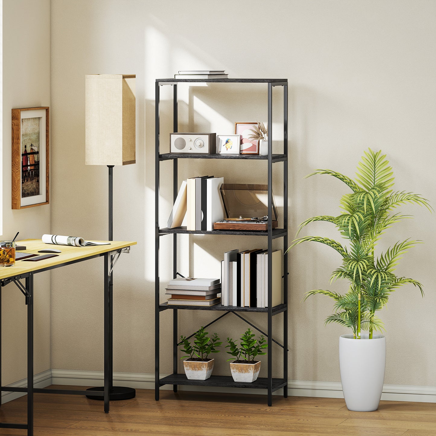 Industrial Bookshelf, Freestanding Bookcase, Dark Grey and Black