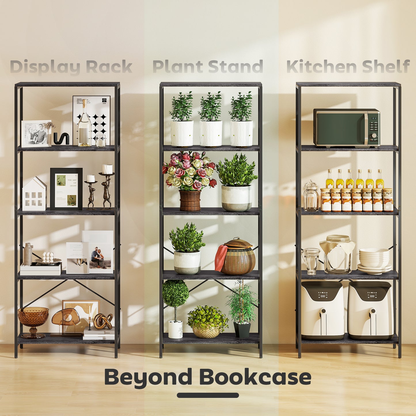 Industrial Bookshelf, Freestanding Bookcase, Dark Grey and Black